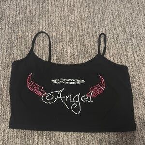 Black Crop Top with Rhinestone Angel Design Cropped TankTop